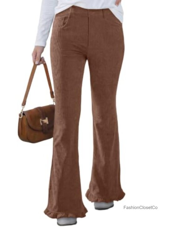 Pants - Women's High Waisted Corduroy Flare Pants Retro Button Front Pockets